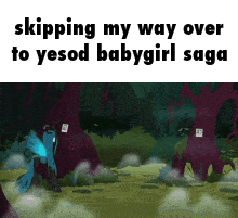 a cartoon scene with the words skipping my way over to yesod baby girl saga
