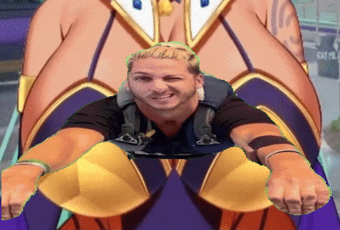 a man in a superhero costume is smiling in front of a woman 's butt