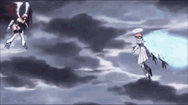 a cartoon of two angels fighting in the sky