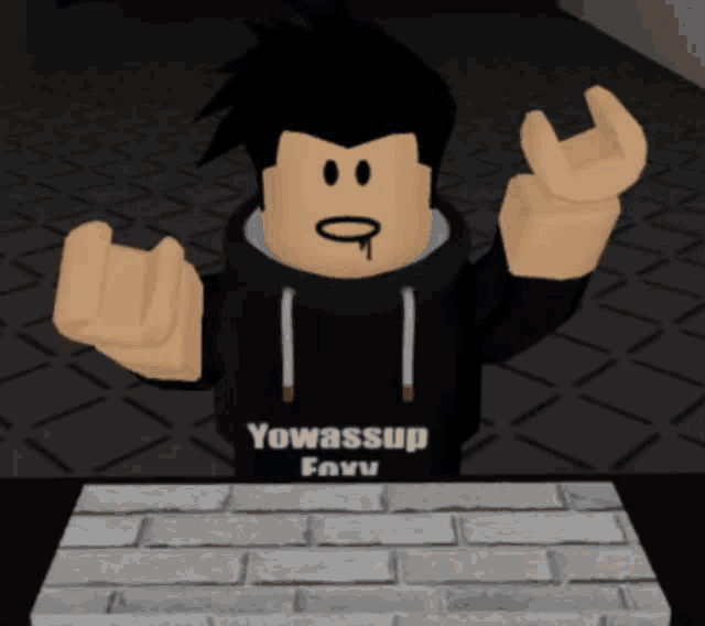 a roblox character wearing a yowassup favu sweatshirt