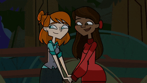two cartoon girls are holding hands and smiling at each other