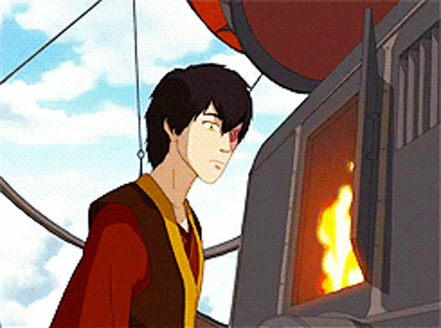 a cartoon character is looking at a fire