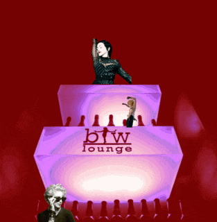 a woman stands on top of a purple box that says pw lounge