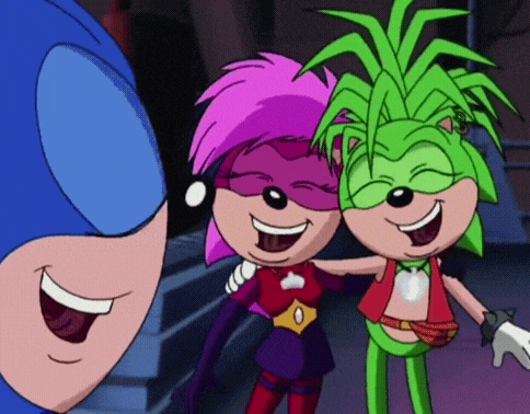 a couple of cartoon characters are posing for a picture