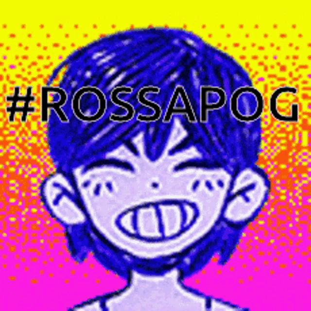 a pixel art drawing of a boy with blue hair and the words `` rossapog '' written above him .