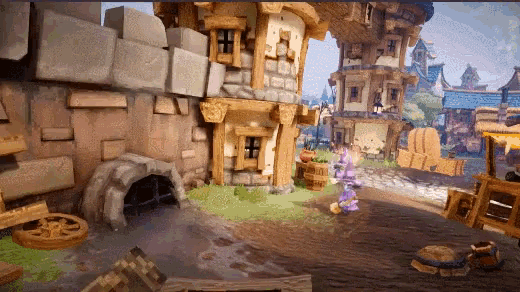 a video game scene with a purple character standing in the middle