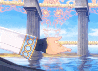 a hand is reaching out towards a body of water with columns in the background