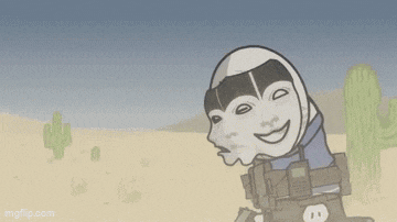 a cartoon of a robot with two faces on it standing in the desert .