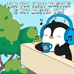 a cartoon of a penguin wearing headphones and a cup of coffee