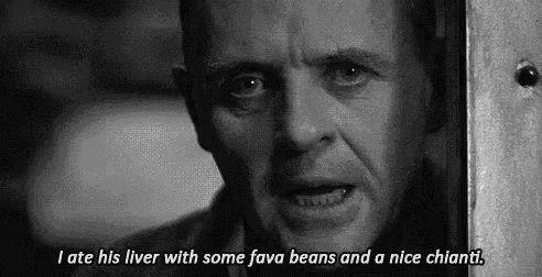 a black and white photo of a man saying `` i ate his liver with some fava beans and a nice chianti .
