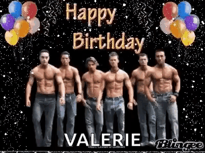 a group of men standing next to each other with balloons and the words happy birthday valerie