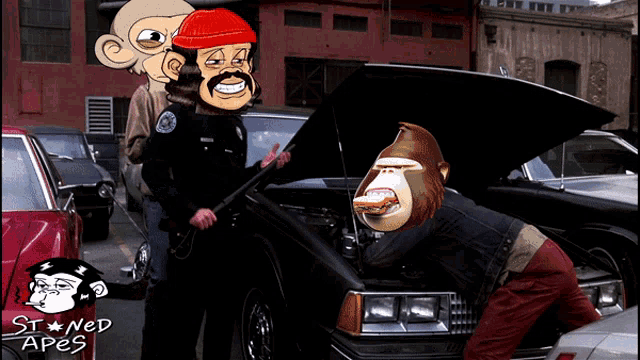a cartoon of a man and a gorilla looking under the hood of a car with the words st ned apes on the bottom