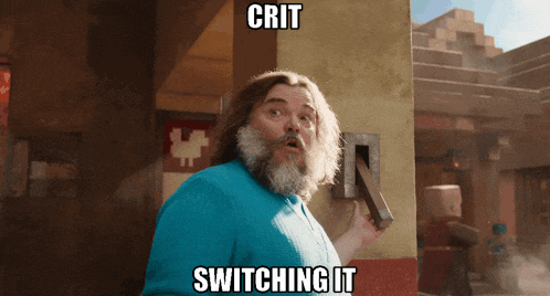 a man with a beard is holding a hammer with the words crit switching it below him