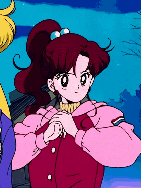 a girl with a ponytail is wearing a pink jacket with white buttons