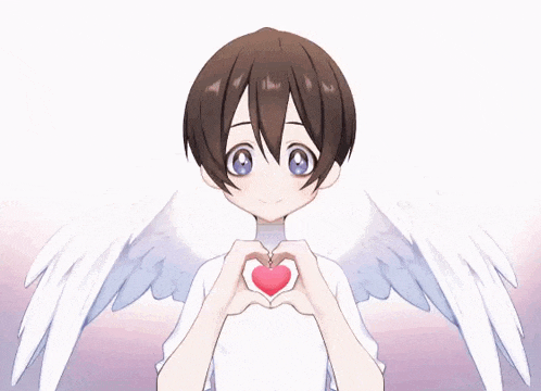 a girl with wings making a heart with her hands