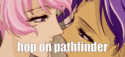 a couple of anime characters kissing with the words `` hop on pathfinder '' written on the bottom .