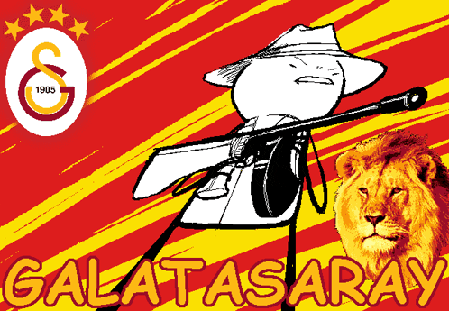 a poster for galatasaray shows a man holding a rifle and a lion