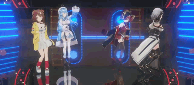 a group of anime girls are dancing on a stage in a dark room .