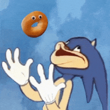 sonic the hedgehog is reaching for a donut that is flying in the air