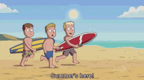 a cartoon of three men carrying surfboards on a beach with the words global on the bottom
