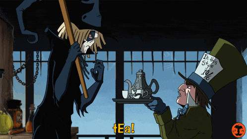 a cartoon of a mad hatter and a witch with a sign that says in this style 10 % tea