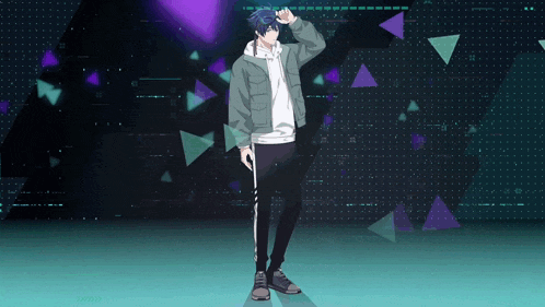 a man in a gray jacket and white shirt is standing in front of purple triangles