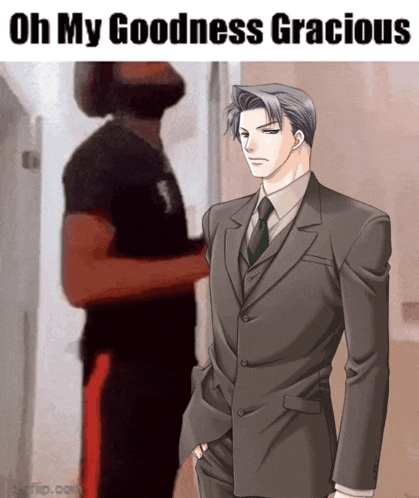 a man in a suit and tie is standing in front of a door with the words oh my goodness gracious above him