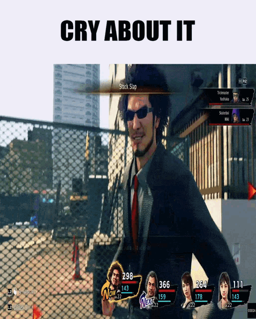 a screenshot of a video game with the words cry about it on the bottom