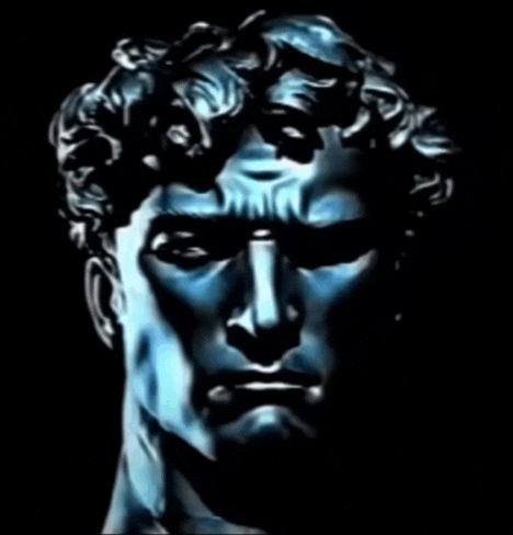 a statue of a man with curly hair has a blue face painted on it