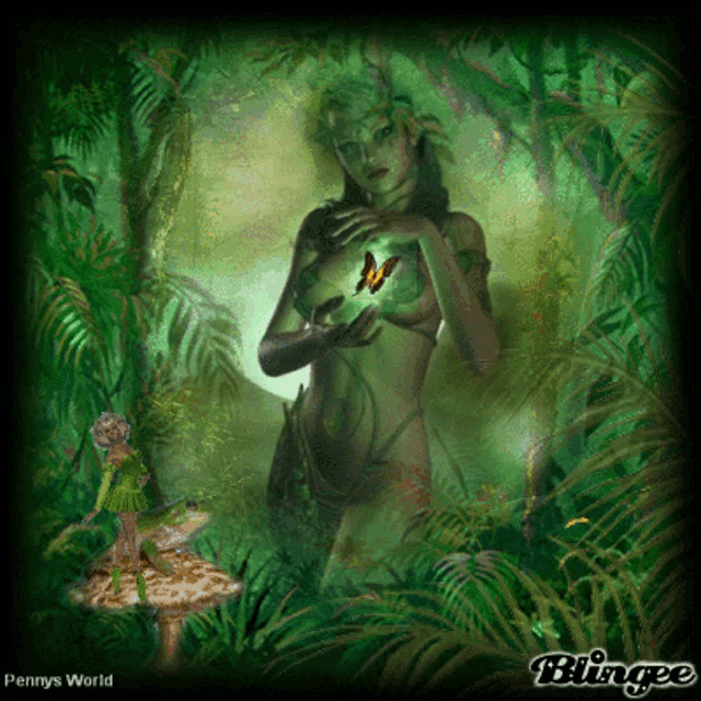 a painting of a naked woman holding a butterfly with penny 's world written below it