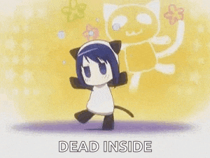 a cartoon character is dancing in front of a drawing of a cat and the words `` dead inside '' .