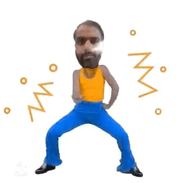 a man with a beard and sunglasses is dancing in blue pants and a yellow tank top .