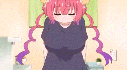 a girl with pink hair and horns is standing in a bathroom next to a sink .