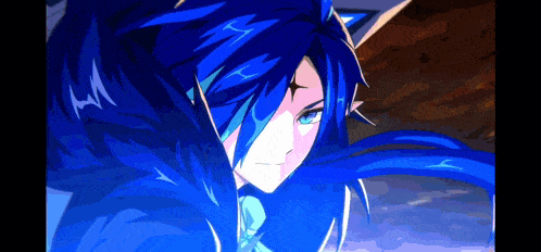 a close up of a person with blue hair and blue eyes