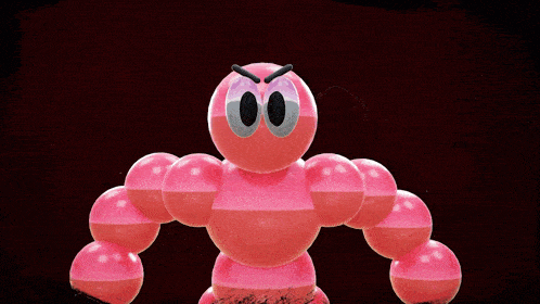 a pink balloon with big eyes and the word evil above it