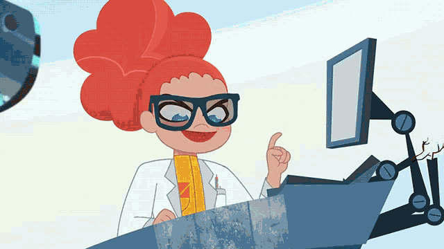 a cartoon character with red hair and glasses is sitting in front of a computer monitor