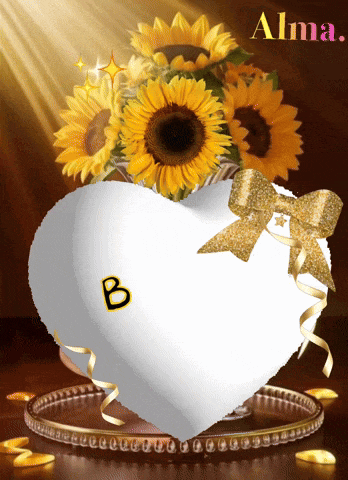 a white heart with the letter b on it is surrounded by sunflowers