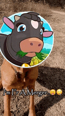 a dog with a picture of a cow on its head and the words i 'm fra merger on the bottom