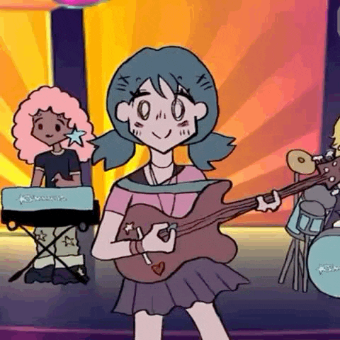a cartoon girl is playing a guitar in a band while another girl plays a keyboard .