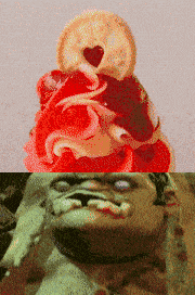 a close up of a teddy bear with a heart in its mouth next to a close up of a man 's face