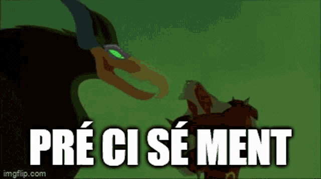 a cartoon of a dragon and a bird with the words " preci se ment " written on the bottom