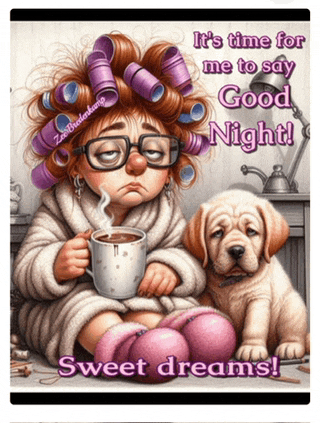 a cartoon of a woman with curlers holding a cup of coffee next to a dog