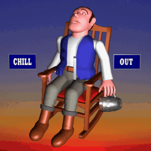 a cartoon man is sitting in a rocking chair with the words chill and out above him