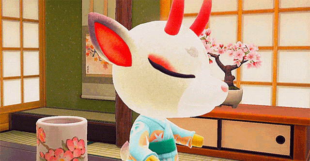 a cartoon deer with red horns is standing next to a vase of flowers