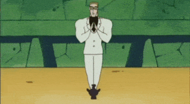 a cartoon man in a white suit and glasses is standing in front of a green wall .