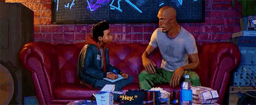 a cartoon man with a beard and mustache is talking to another man and saying `` hey '' .