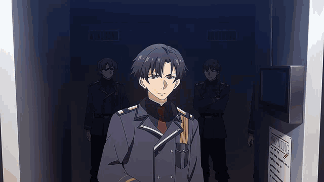 a group of anime characters are standing in a dark room with a sign on the wall that says caution