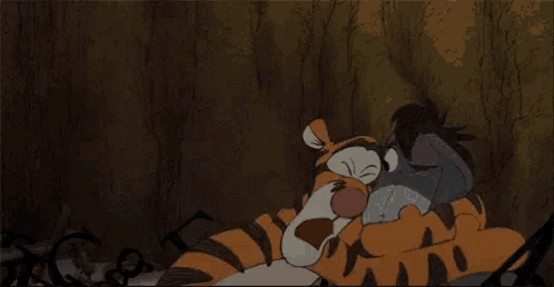 tigger and eeyore from winnie the pooh are hugging each other in a cartoon .