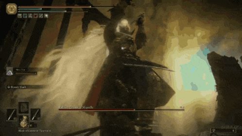 a video game screen shows a knight with a sword fighting a demon with the number 1 on the bottom right