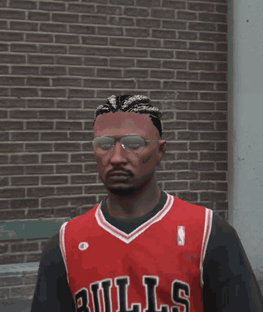 a man is wearing a bulls jersey and sunglasses .